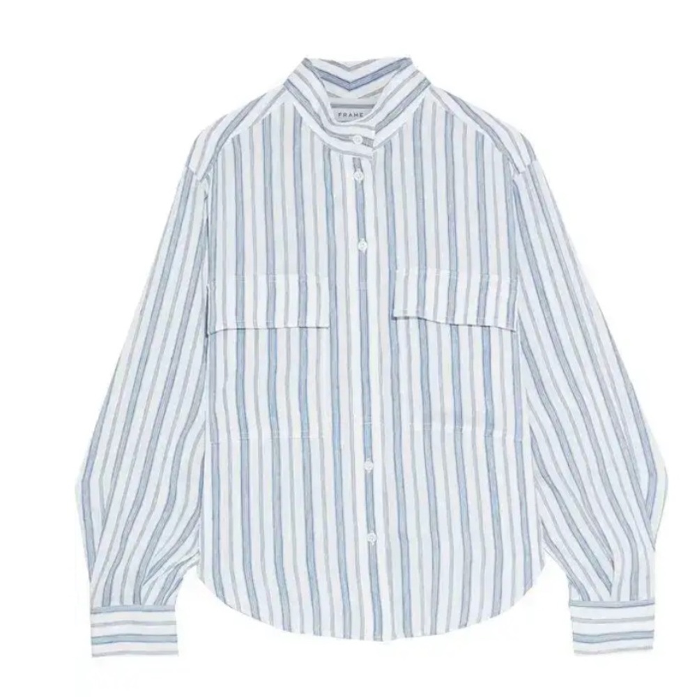FRAME Clean Safari Striped Linen Blend Shirt Button Down Stand Collar Womens XS - Picture 2 of 15